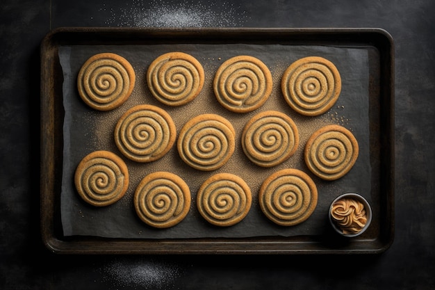 Spiralförmige Kekse auf Backblech auf grauem Hintergrund gebacken