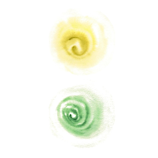 Spiralförmige olivgrüne und grüne Aquarellspritzer, handgezeichnete Illustration isoliert auf weißem Hintergrund