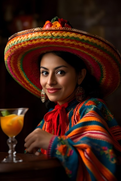 Spirit of Cinco de Mayo mit einer authentischen Frau, die stolz lächelt und einen mexikanischen Hut oder Sombrero trägt, während sie ein erfrischendes Getränk von Generative ai genießt