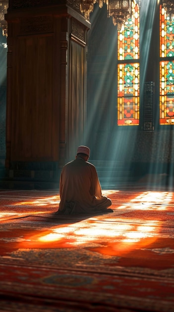 Spirituelle Hingabe Muslim betet in der Moschee, badet in Sonnenlichtstrahlen, vertikale mobile Tapeten