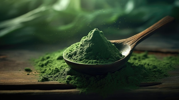 Spirulina em pó Algas secas Superalimento saudável Spirulina verde em pó em uma colher de pau em um escuro