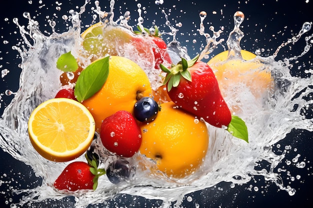 Foto splash de agua con panorama de frutas