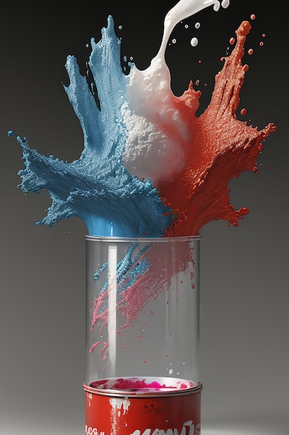 Splash artístico Pintar una lata de líquido rojo y azul con una salpicadura de blanco