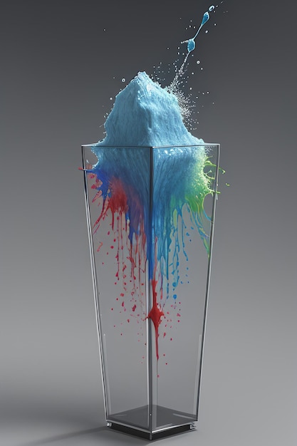 Foto splash artístico pinte um copo com uma substância azul dentro e um salpico de tinta