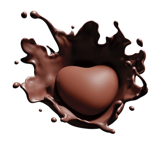 Splash de corazón de chocolate en blanco