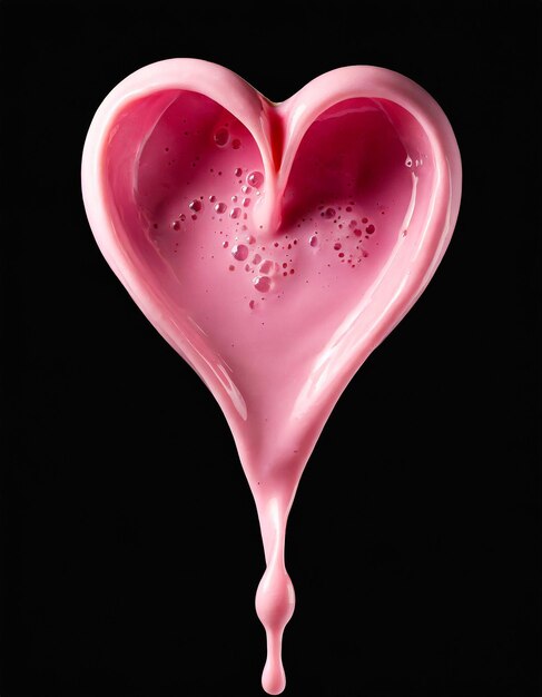 Splash crema de jugo rosa forma de corazón aislado fondo negro diseño romántico del día de San Valentín