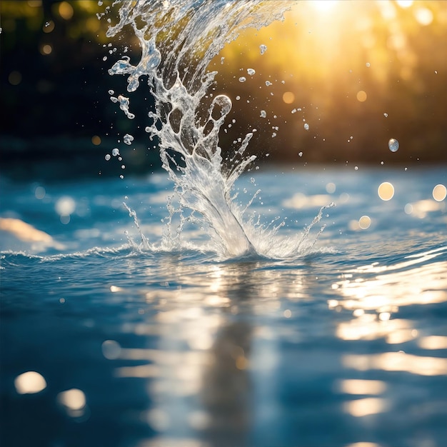 Splash de água com espumantes reflexos radiantes brilhantes luz do sol brilhante