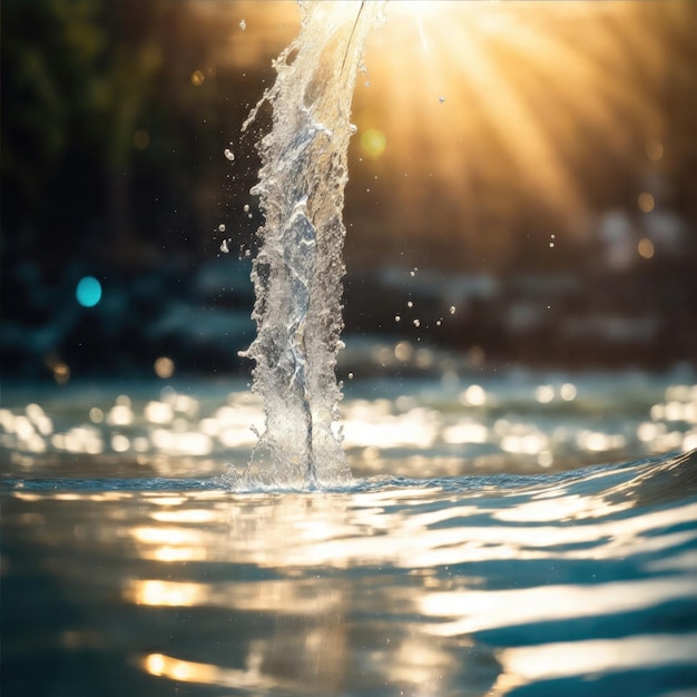 Splash de água com espumantes reflexos radiantes brilhantes luz do sol brilhante