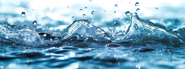 Foto splash de água dinâmica com gotículas em luz azul nítida