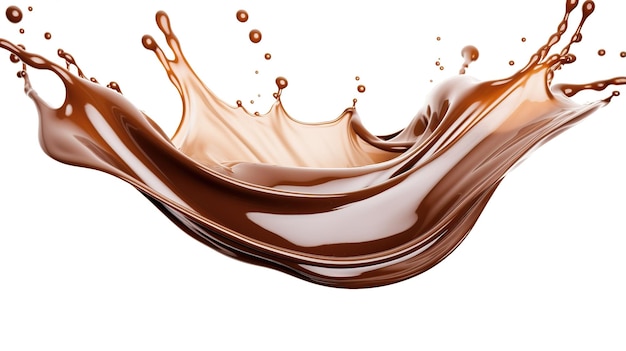Splash de chocolate castanho líquido com gotas espalhadas