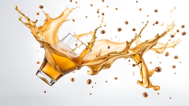 Foto splash de líquido dourado vidro transparente de cerveja em fundo branco isolado
