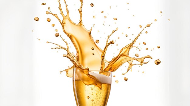 Splash de líquido dourado vidro transparente de cerveja em fundo branco isolado