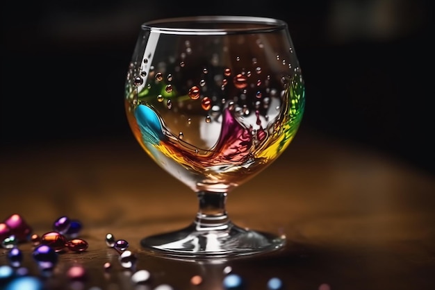 Splash de líquido multicolorido em um copo sobre um fundo preto