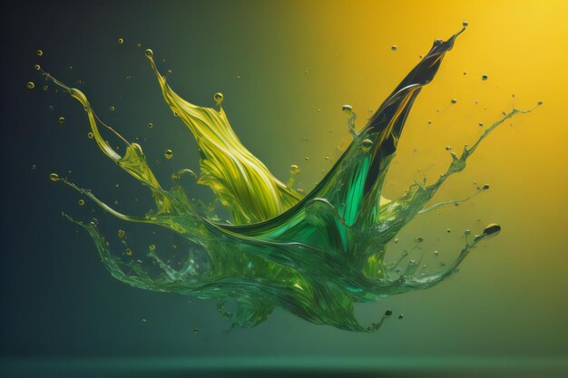 Splash de líquido verde sobre um fundo amarelo ai gerado