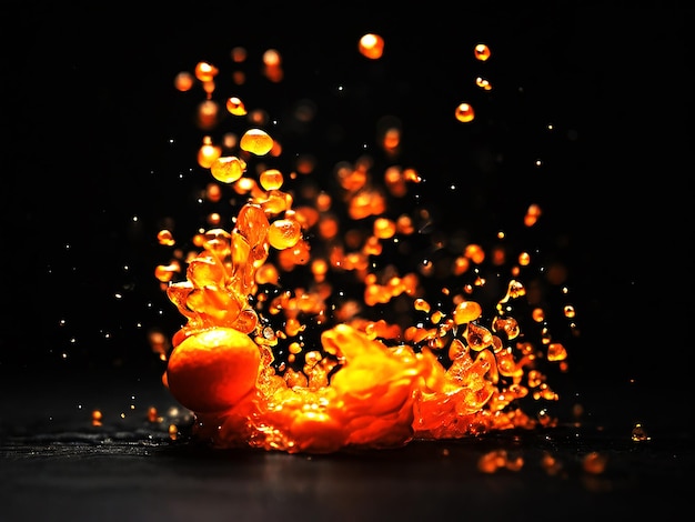 Splash de muitas pequenas partículas laranjas em fundo preto Generative Ai