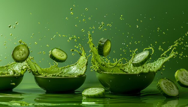 Splash dinâmico em suco verde com pepinos frescos e pedaços cortados congelados em movimento em Vibrant