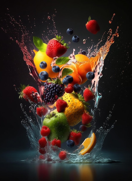 Splash de fruta y agua sobre fondo negro IA generativa