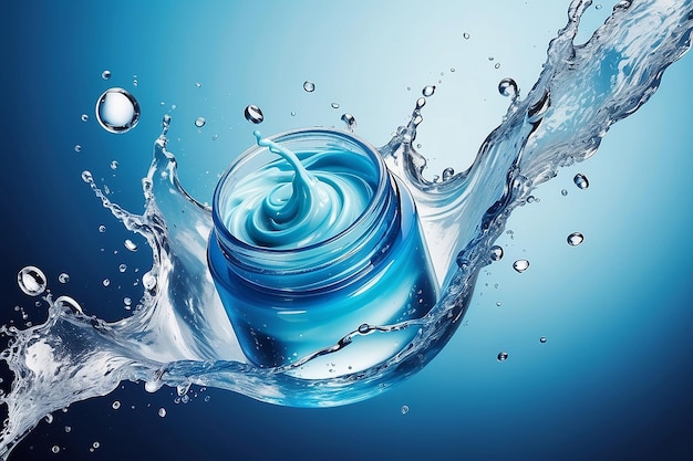 Splash hidratante cosmético agua tóner micelar o emulsión fondo abstracto de color azul