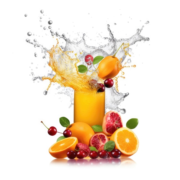 Splash de jugo de frutas con frutas voladoras