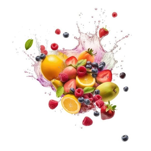 Splash de jugo de frutas con frutas voladoras