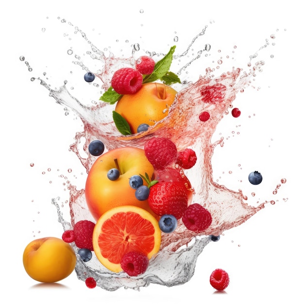 Splash de jugo de frutas con frutas voladoras