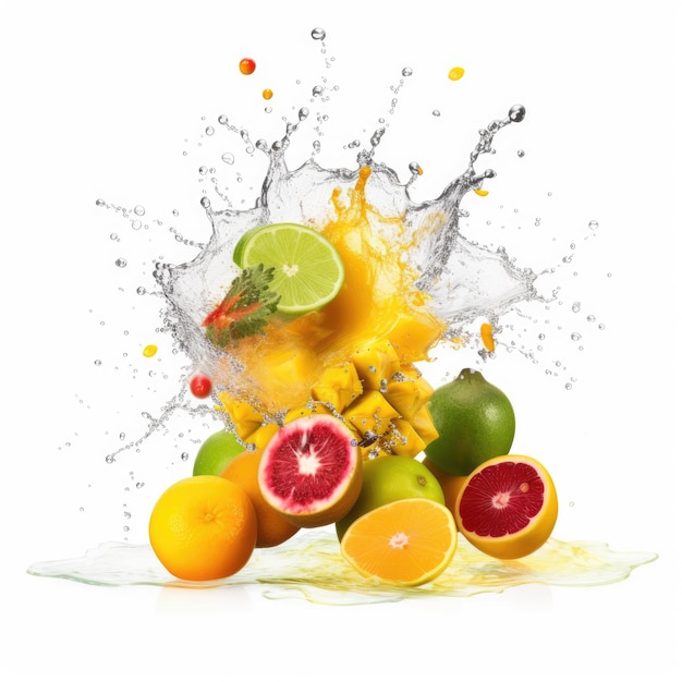 Splash de jugo de frutas con frutas voladoras