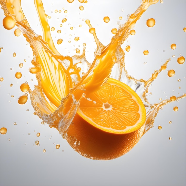 Splash de jugo de naranja sobre fondo blanco.