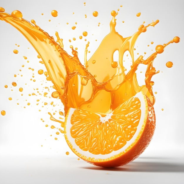 Splash de jugo de naranja sobre fondo blanco.