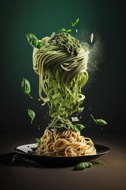 Splash y levitación de delicioso plato de pasta verde con salsa pesto