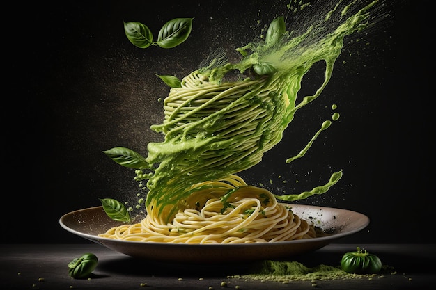 Splash y levitación de delicioso plato de pasta verde con salsa pesto