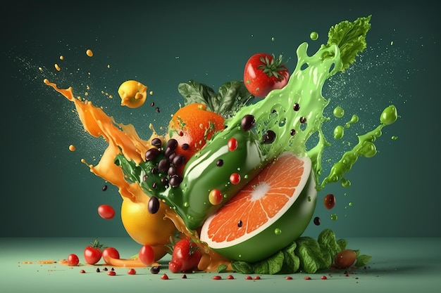 Splash-Levitation von Bio-Lebensmitteln, frischem Gemüse und Obst