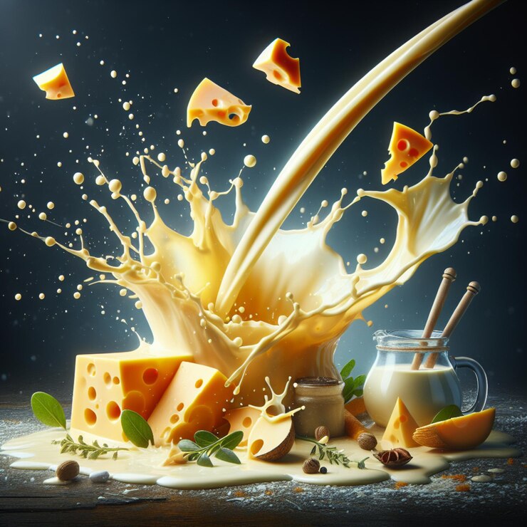 Splash de queso derretido con goteo y salsa adornado con hoja de menta Ilustración de alimentos de alta calidad
