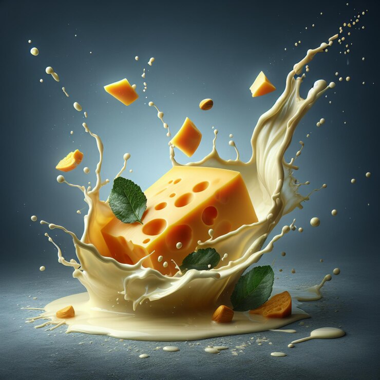 Splash de queso derretido con goteo y salsa adornado con hoja de menta Ilustración de alimentos de alta calidad