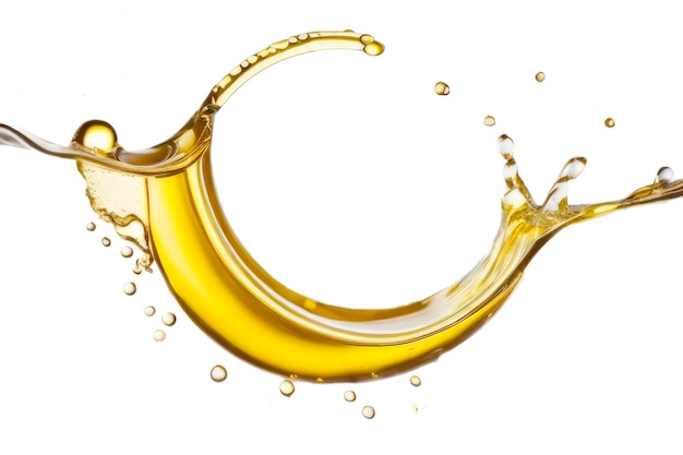Splash spritzt Tropfen goldenen Sonnenblumen-Olivenöl auf einem weißen Hintergrund
