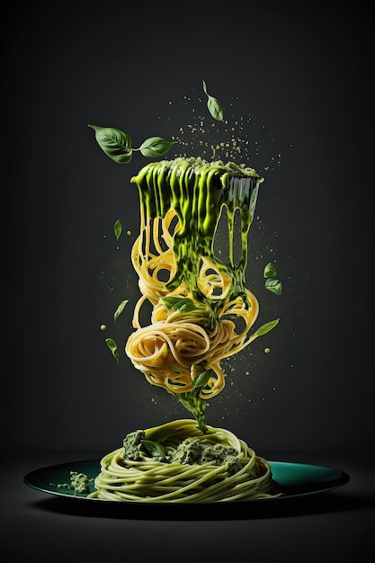 Splash und Levitation von köstlichen grünen Nudelgerichten mit Pesto-Sauce