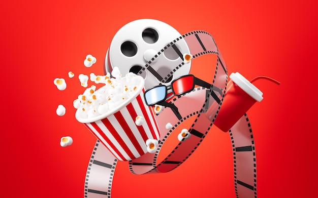 Splashing popcorn película carrete bebida gafas 3D en fondo rojo concepto de película en línea renderización 3D