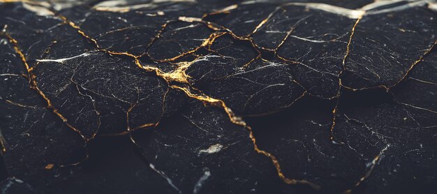 Foto splendid breccia oder marmor mit einem goldenen erdbebenähnlichen riss in einer digitalen kunst 3d-illustration moderne abstrakte hintergrund von schwarzem marmor hut wurde erodiert, um glänzende goldene risse zu enthüllen