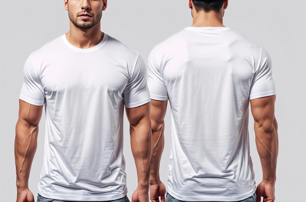 Split View Muskulöser zeigt vorne und hinten des weißen T-Shirts