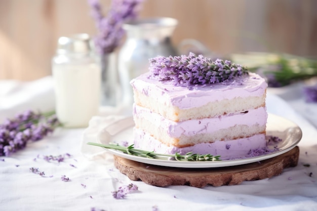 Sponge Lavendelkremkuchen mit Beerencreme, geschmückt mit einem frischen Lavendelzweig auf sonnigem Lichthintergrund