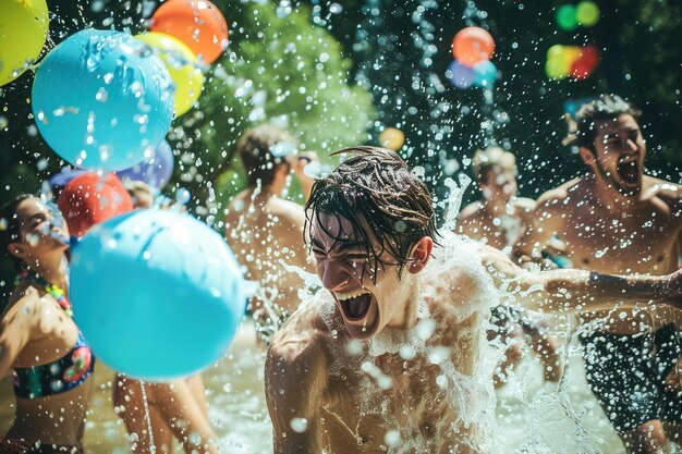 Spontane Wasserballonkämpfe im Sommer im Freien, die reinste Form des Lachens und der Freizeit.