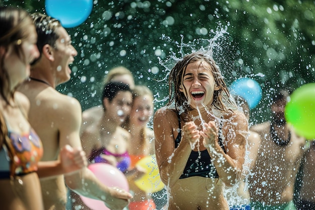 Spontane Wasserballonkämpfe im Sommer im Freien, die reinste Form des Lachens und der Freizeit.