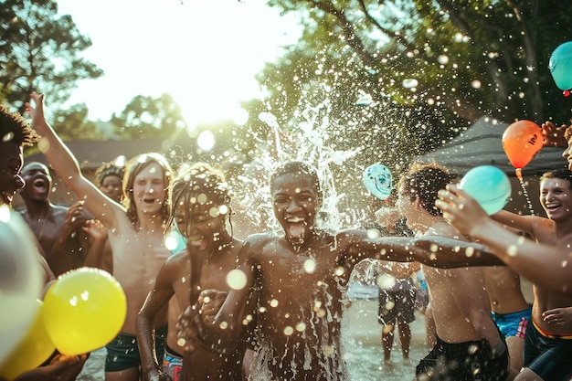 Spontane Wasserballonkämpfe im Sommer im Freien, die reinste Form des Lachens und der Freizeit.