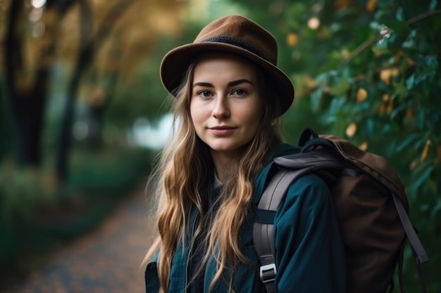 Spontanes und abenteuerliches Porträt einer Frau mit reisefertigem Rucksack