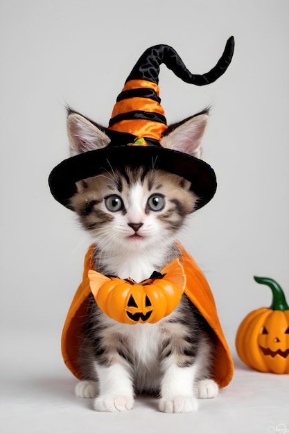 Spooktacular lindo gatito adorable disfraz de Halloween sobre un lienzo blanco