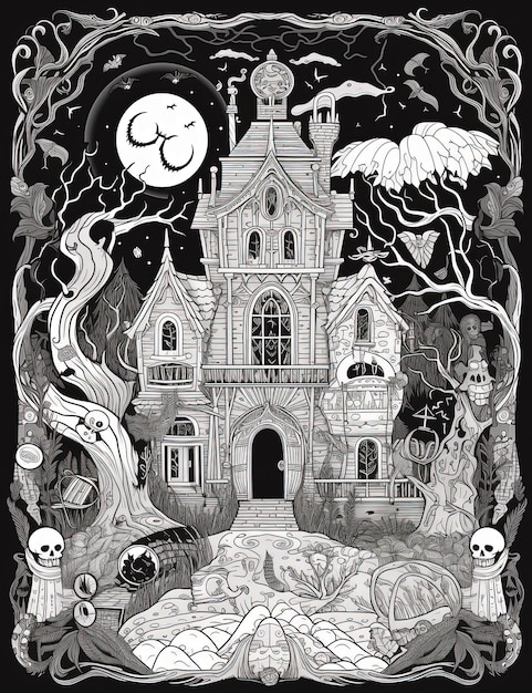 Spooky Coloring Fun Mergulhe em uma aventura de livro de colorir com tema de Halloween em preto e branco AI generativa