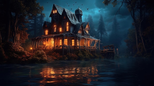 Spooky Creepy Haunted Riverside House aislada del mundo exterior con un fondo oscuro aterrador paisaje macabro IA generativa