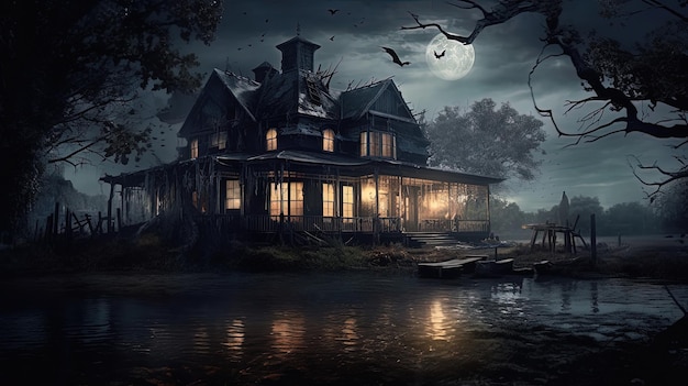 Spooky Creepy Haunted Riverside House aislada del mundo exterior con un fondo oscuro aterrador paisaje macabro IA generativa