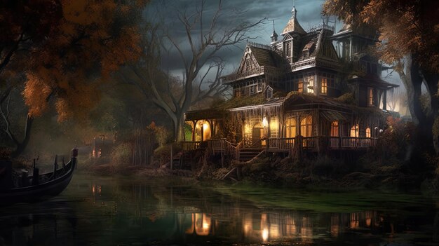 Spooky Creepy Haunted Riverside House aislada del mundo exterior con un fondo oscuro aterrador paisaje macabro IA generativa