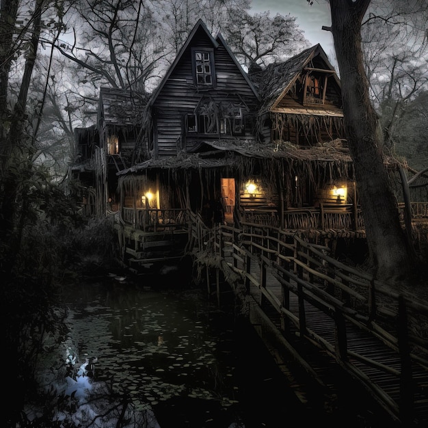 Spooky Creepy Haunted Riverside House aislada del mundo exterior con fondo oscuro