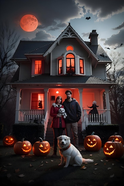 Spooky Halloween House Night 8k Família e um cão lua vermelha